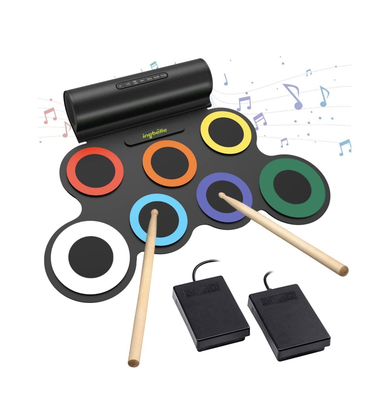 7 pads PAXCESS Electronic Stereo Digital Drum Set Roll Up Pad w/ Speaker Rechargeable,