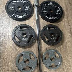 CUZ NEED THE $$ NEW Olympic Equipment: 6 ft Silver Bar & Weight Plates 35s, 25s, and 10s lbs. Total: 180 lbs [ NO, No Better Price]