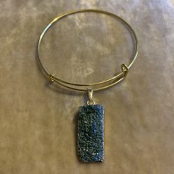 Gold Plated Bangle Bracelet With A Blue Druzy Bar Pendant 