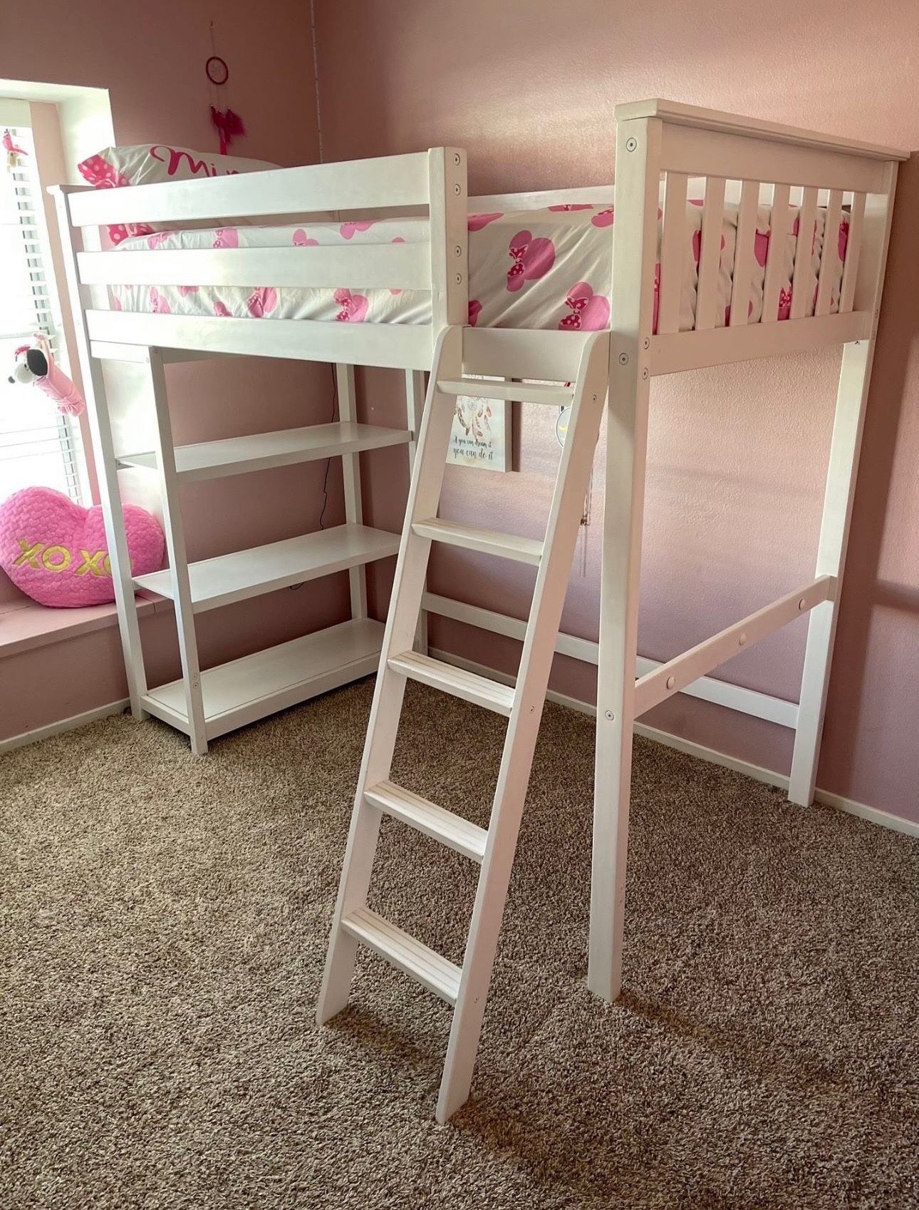 Max&Lily High Loft Bed - White Twin with Shelves