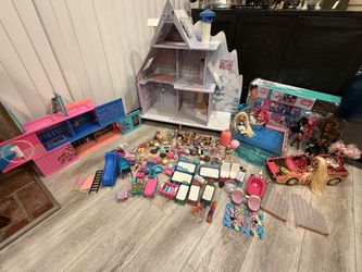 Doll Lot- Omg LOL Surprise dolls Hang Out Area Set + lol doll winter disco chalet wooden mansion House + Car + Accessories Hair Hats  