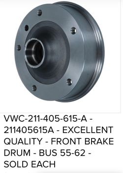 2 Front Drums For Vw Bus Fit Yr 55-62