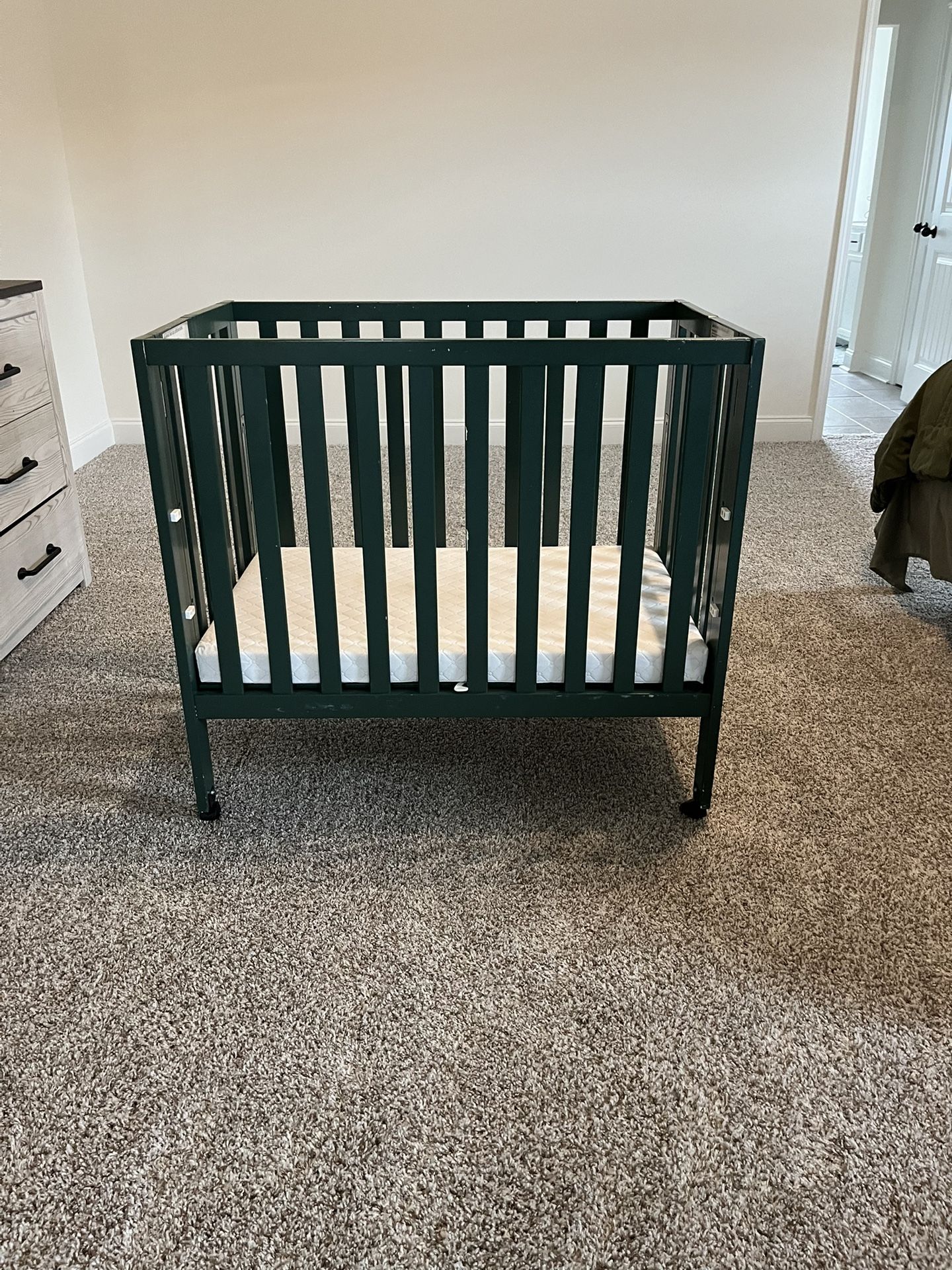 Dream On Me Edgewood 4-in-1 Convertible Mini Baby Crib in Olive