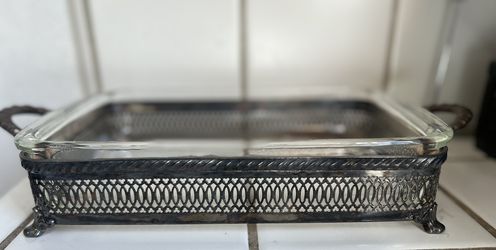 Pyrex vintage glass dish with silver serving tray