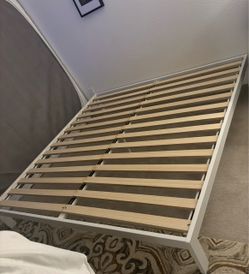 White Bed Frame with Wood Slats and IKEA  king size mattress