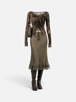 Rare Vintage Y2K XOXO Olive Green Mesh Midi Skirt Ruffle Hem Chiffon Layered 90s Grunge Aesthetic