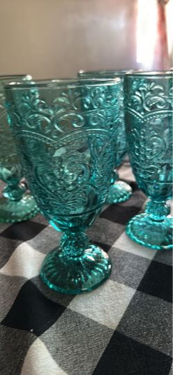 Pioneer Woman Teal Embossed Glass Goblets Set of 6