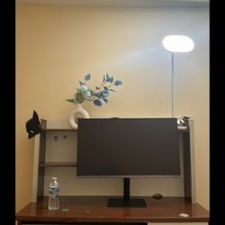 Dark wood desk with hutch, drawers, keyboard tray