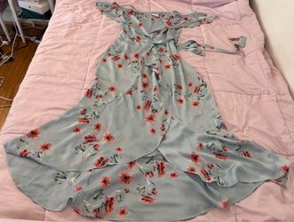 If By Sea light blue floral ruffle off the shoulder wrap maxi dress, size L