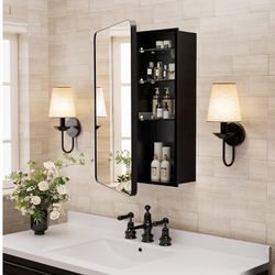 NIB Black Medicine Cabinet for Bathroom with Mirror - 16 x 24 Inch Recessed or Surface Wall Mount Mirrored Vanity Cabinet with Adjustable Storage Shel