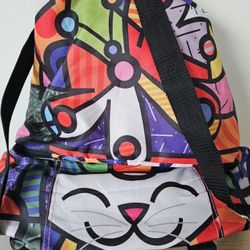 $75.00 - Romero Britto Backpack, Insulated Lunch Bag/Cat, Flowers & Butterfly  Art/Great Condition!  LOWEST PRICE!