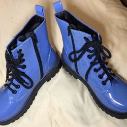 Blue Faux Patent Leather Combat Boots