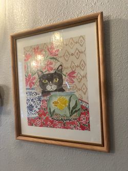 Framed Cat and Goldfish Watercolor Art Print