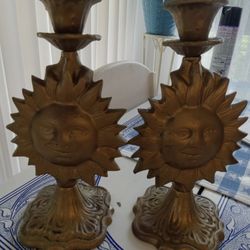 2 Brass Candle Holders Sunface 12 Inch