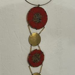 African beaded Red-RedOrange Brass Multicolor Five Pendant Necklace 19.5”