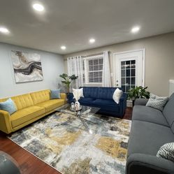 3 Beautiful Sofas  Blue,yellow,gray And Rug 
