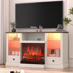Fireplace TV Stand for 65" TV with 23” 3-Sided LED Electric Fireplace & Remote, Power Outlets White  