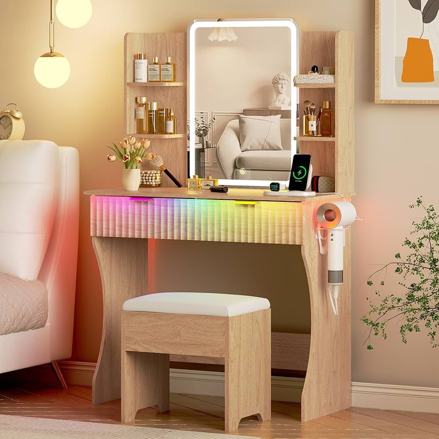 Vanity Desk with LED Lights Mirror & Power Outlet, Small Makeup Vanity Table Set with Storage Drawers & Chair, 3 Lighting Modes & Adjustable Brightnes