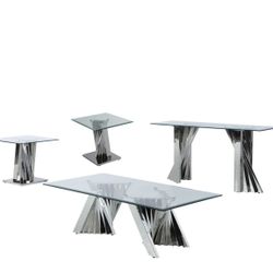 Clear Glass Stainless Steel, Rectangle Coffee Table of 4 Pieces.