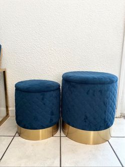 Blue velvet storage ottomans set of 2