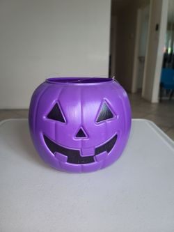 Halloween Purple Pumpkin Jack O Lantern Trick Or Treat Pail Bucket Candy Holder Blow Mold