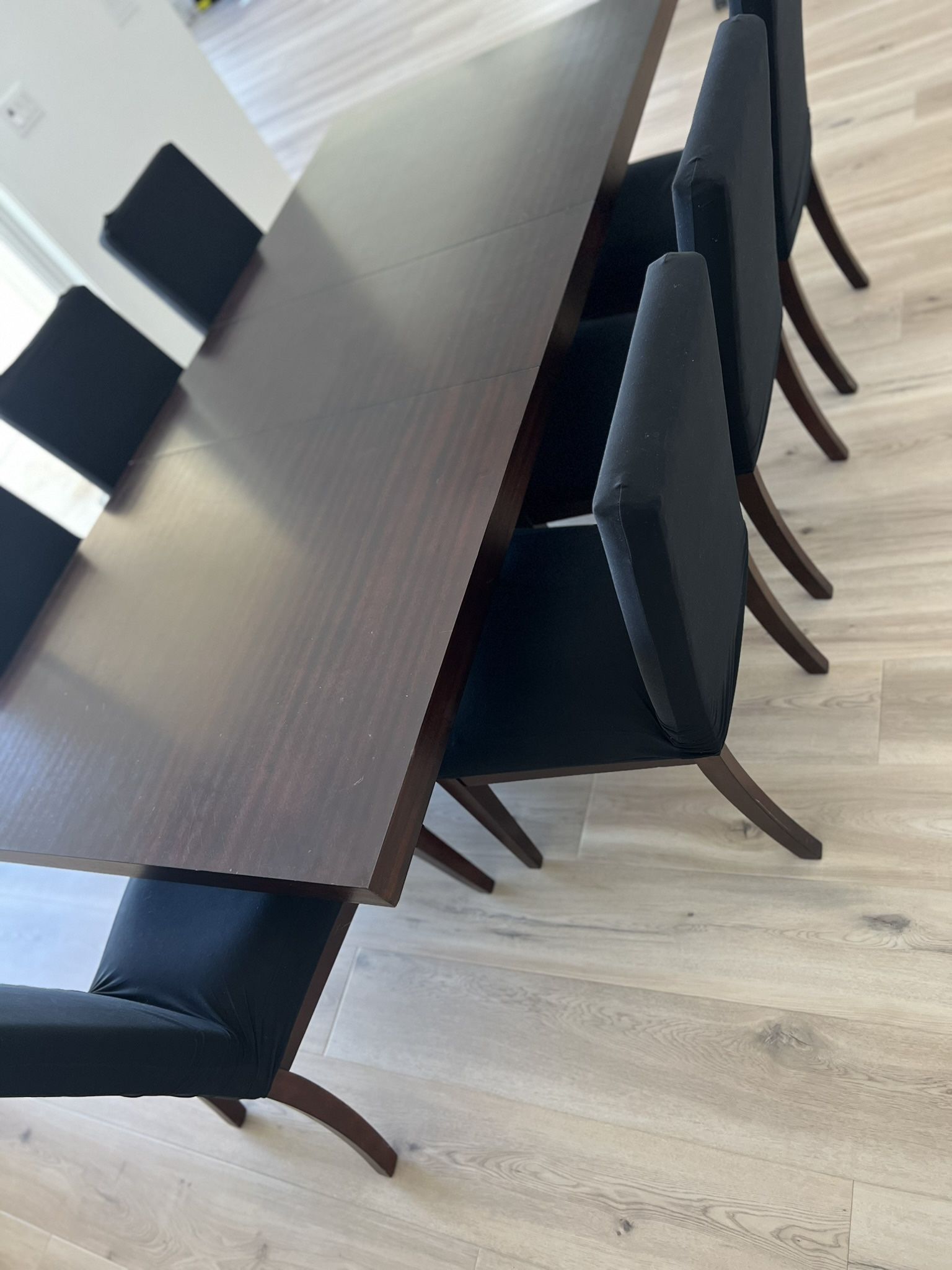 Dining table adjustable dark wood color with set of 7 chairs faux leather black linen cover 90x42in