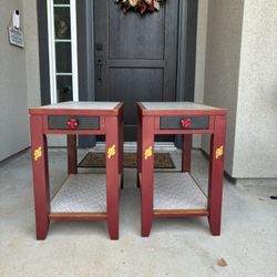 Stylish Refurbished End Tables Red/Gold Accents 