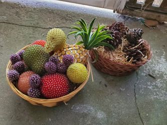 Two Wicker Baskets With Pine Cones & Beaded Fruit