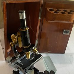 Vintage Spencer Brass Tilt Microscope 3 Lens Cases Slides Dovetailed Wood Case