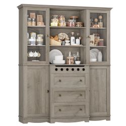 72" Tall Kitchen Storage Cabinet with Doors and Open Shelves, 58" Wider Kitchen Hutch with Countertop and Wine Drawer, Large Modern Pantry Cabinet wit