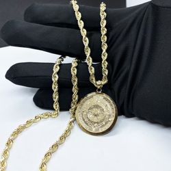 14k Gold Rope Diamond cut chain and calendario azteca charm , necklance gold pendant