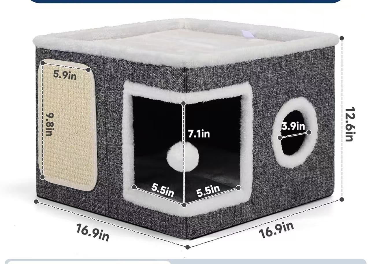 🥨Cat Beds for Indoor Cats, Large Cat Cave with Cozy Condo, Fluffy Hanging Ball, Round Window, Foldable Indoor Cat House Hold Up to 30LBS, Cat Hideawa