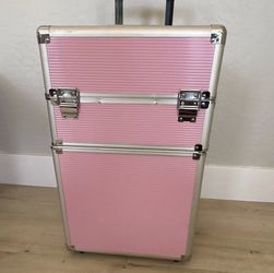 Pink/Silver Aluminum Rolling Makeup Trolley Case w/ Lock, Telescoping Handle