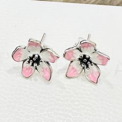 Pandora Cherry Blossom Stud Earrings #294370C01 + FREE Pandora Gift BOX