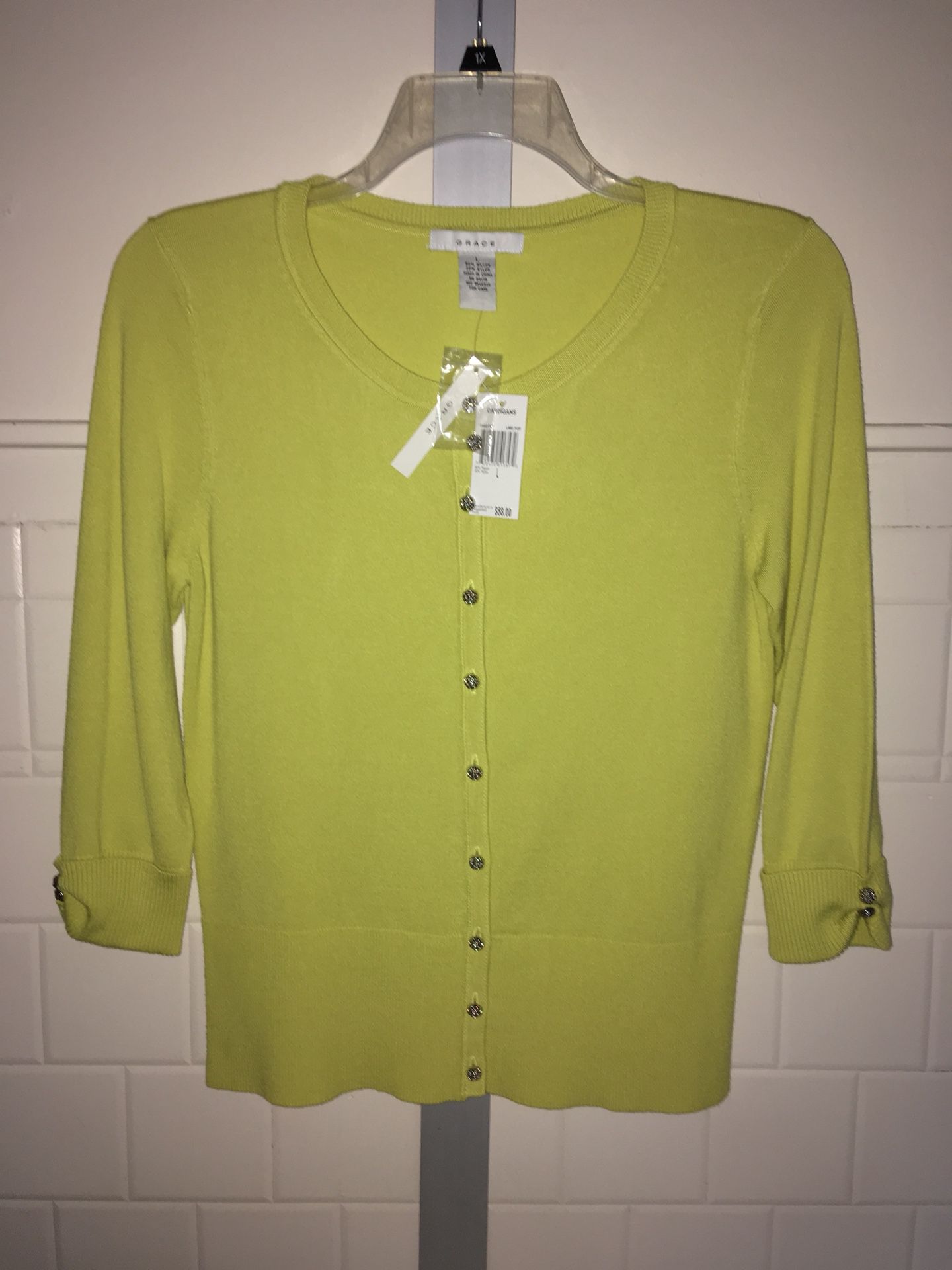 NEW CARDIGAN SWEATER Chartreuse adorned with Silver Rose Buttons