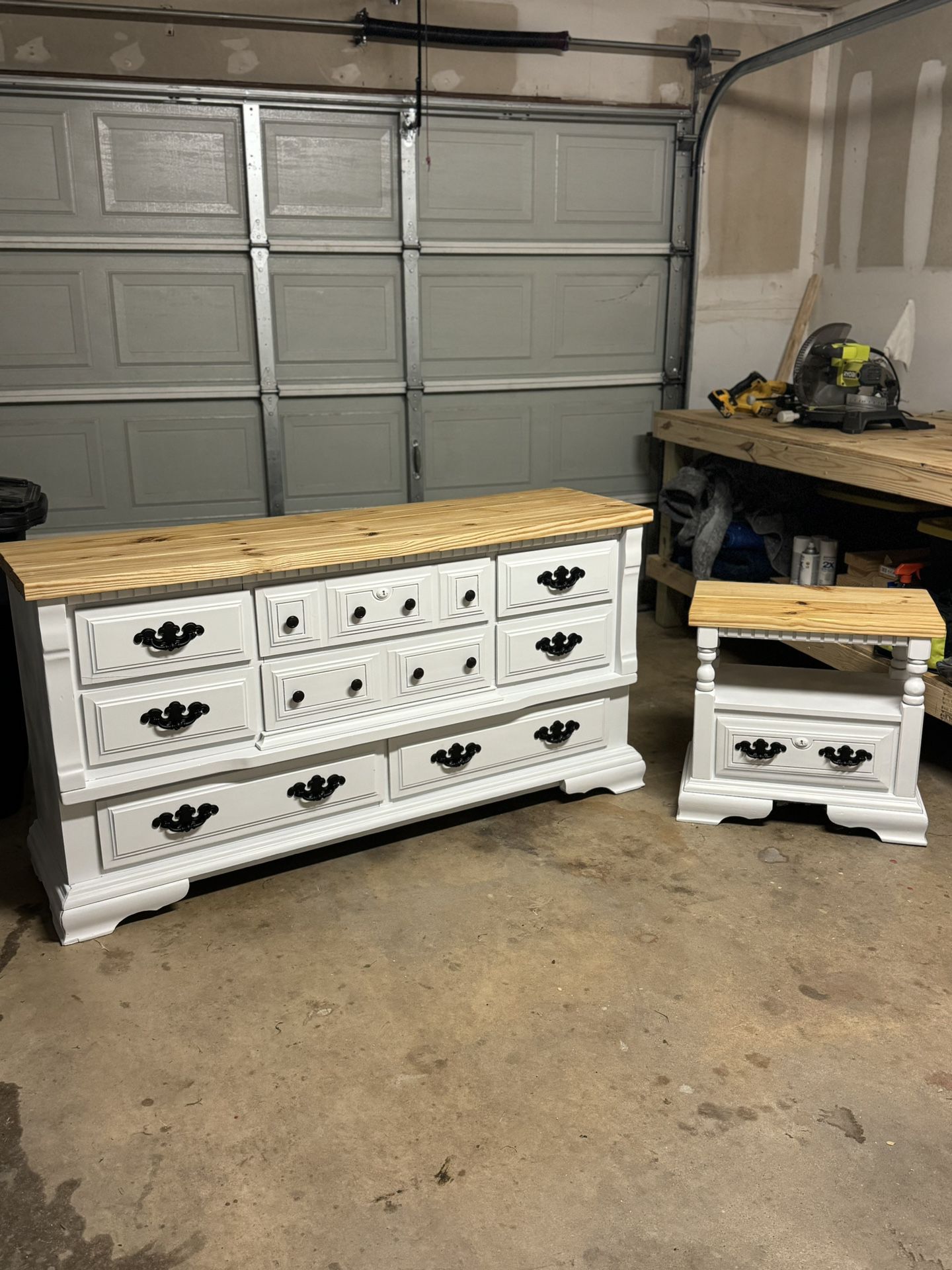 Farmhouse style dresser and a matching nightstand. Solid wood, very heavy.