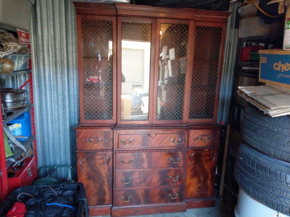 Gorgeous Antique Burl Hardwood Combination China Cabinet/Desk/Buffet