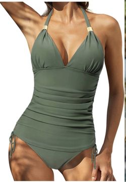 Womens Halter Tankini Bathing Suits V Neck Tummy Control Two Piece Swimsuits (small ) green