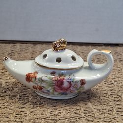 Aladdin's Lamp Incense Burner, Pink Rose & Gold Trim - Vintage Ceramic Porcelain