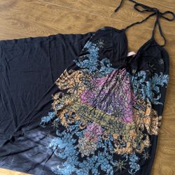 Anama Vintage Women’s Black Multicolor Floral Print Halter Neckline Maxi Dress