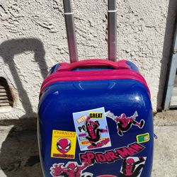 One Blue & Pink Spiderman Fan Stickers Kid's Backpack On Wheels Mini Suitcase Travel Case with Retractable Handle