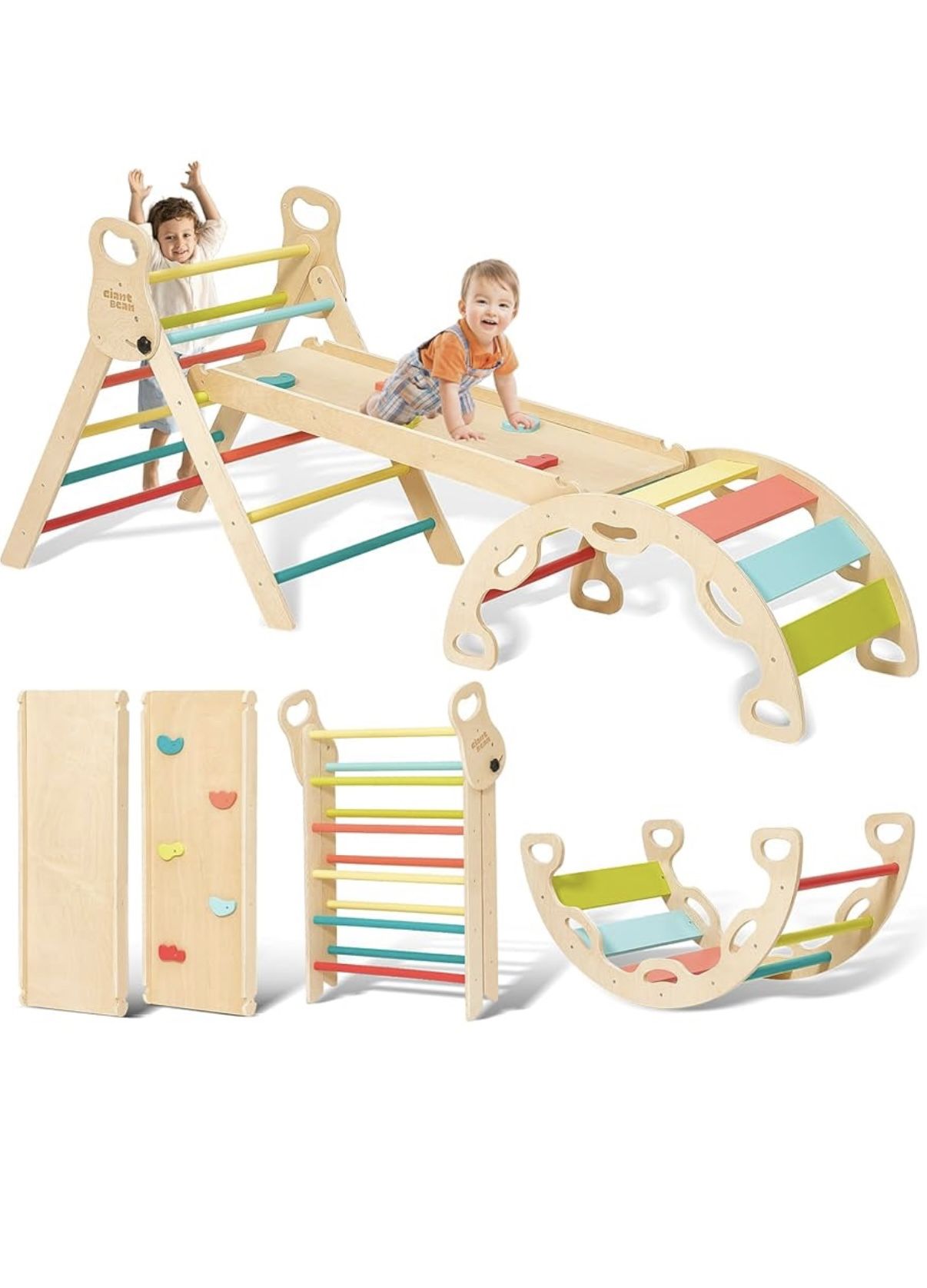 Brand New Giant bean Pikler Triangle Set, Foldable 7 in 1 Baby Climbing Toys Wooden Montessori Climbing Set with Handle, Sliding Ramp & Arch, Playgrou