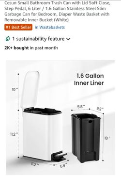 Cesun Small Bathroom Trash Can Soft Close Lid Step Pedal 1.6 Gallon White