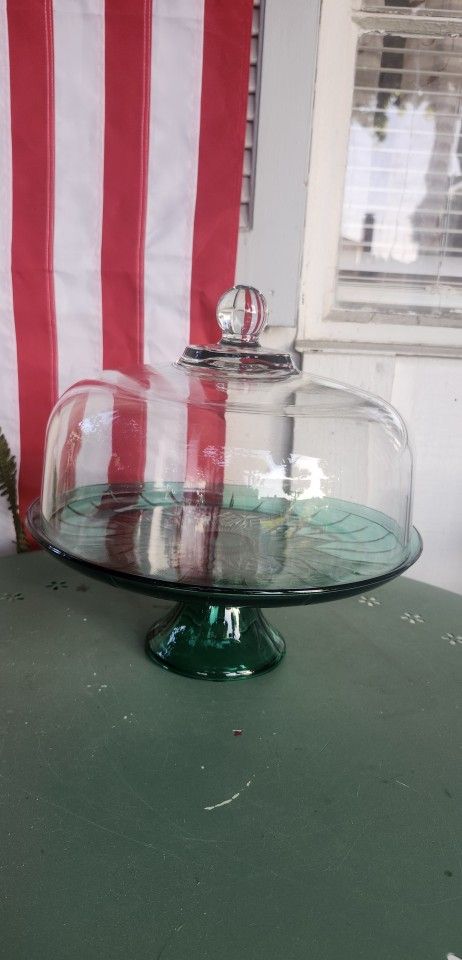 Vintage Anchor Hocking Teal Color Pedestal Cake Plate W/ Lid