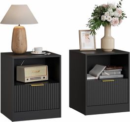 1939a  Fluted Nightstand Set of 2 Night Stand with One Drawer and Open Shelf, Modern Bedside Table with Metal Curved Handle, Wood Multi-Use End Table 