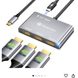 Reborn USB-C to 3 HDMI Adapter with 100W PD, 4K@60Hz USB Type-C to HDMI 1 in 3 Out Splitter for 3-Port USB-C Multi-Monitor Adapter, Compatible with PC