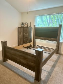 Queen bed frame & 5 drawer dressing chest