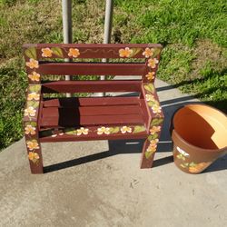 Decorative Wooden Bench & Flower Pot