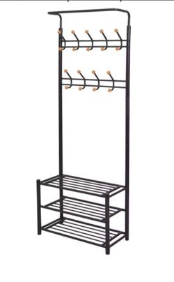 -in-1 Entryway Hall Tree, Heavy Duty Steel Stand Coat Rack with Storage Bench, Industrial Wood Furniture Stable Metal Frame, 9 Hooks Shoe Bench 3-Tier