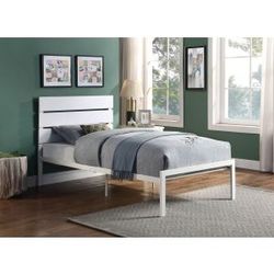 Brand new white wood/metal twin platform bedframe (42 x 57.5 x 39.5H)